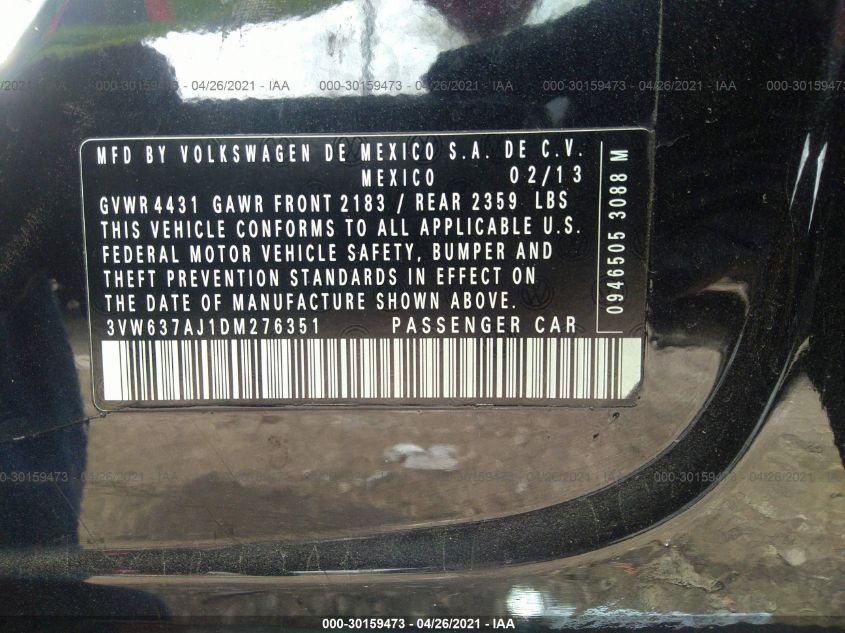 2013 VOLKSWAGEN JETTA SEDAN HYBRID SE 3VW637AJ1DM276351