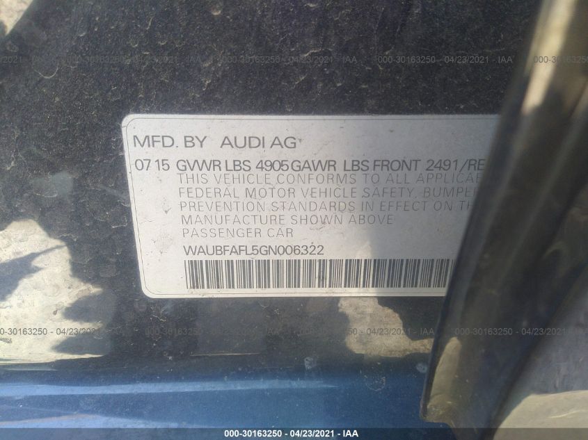 2016 AUDI A4 PREMIUM WAUBFAFL5GN006322