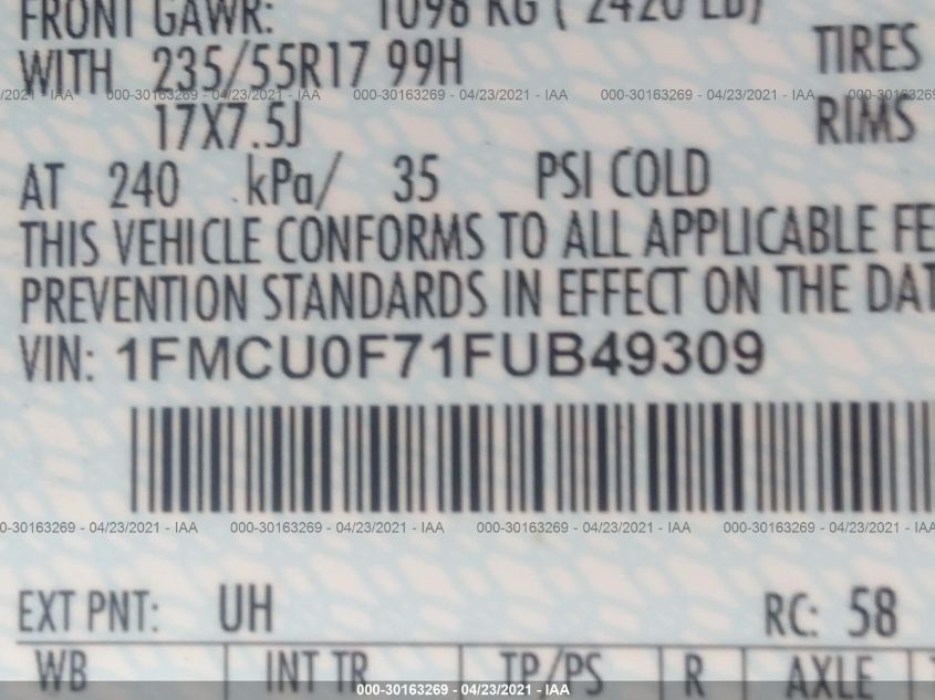 2015 FORD ESCAPE S 1FMCU0F71FUB49309