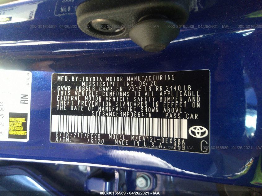 2021 TOYOTA COROLLA SE/NIGHTSHADE/APEX SE 5YFS4MCE1MP066418
