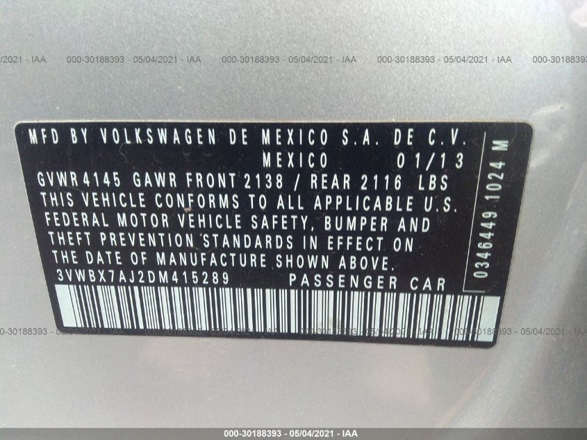 2013 VOLKSWAGEN JETTA SEDAN SE W/CONVENIENCE/SUNROOF 3VWBX7AJ2DM415289
