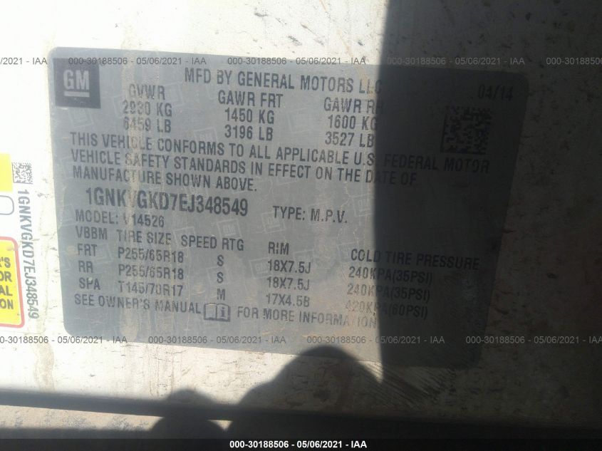 2014 CHEVROLET TRAVERSE LT 1GNKVGKD7EJ348549