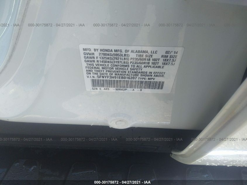 2014 HONDA PILOT TOURING 5FNYF3H91EB016397