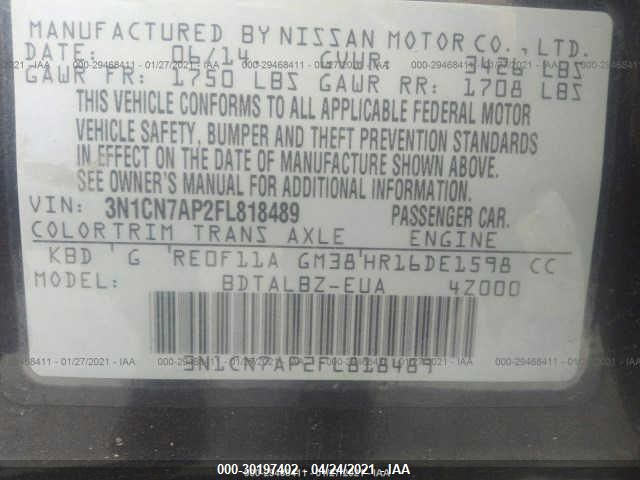 2015 NISSAN VERSA SV 3N1CN7AP2FL818489