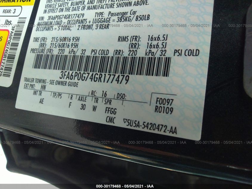 2016 FORD FUSION S 3FA6P0G74GR177479