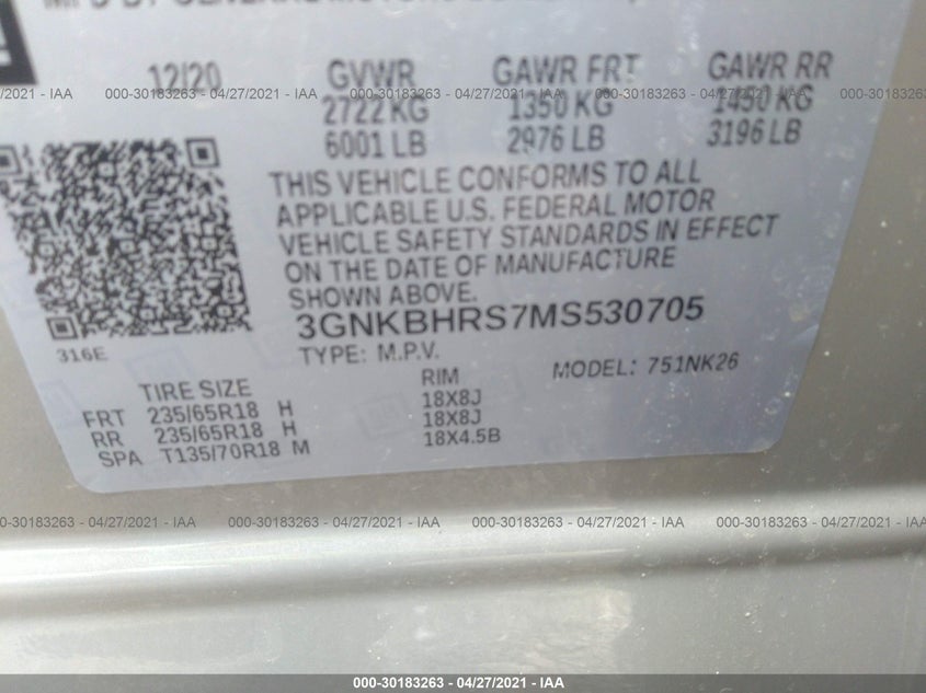 2021 CHEVROLET BLAZER VIN: 3GNKBHRS7MS530705