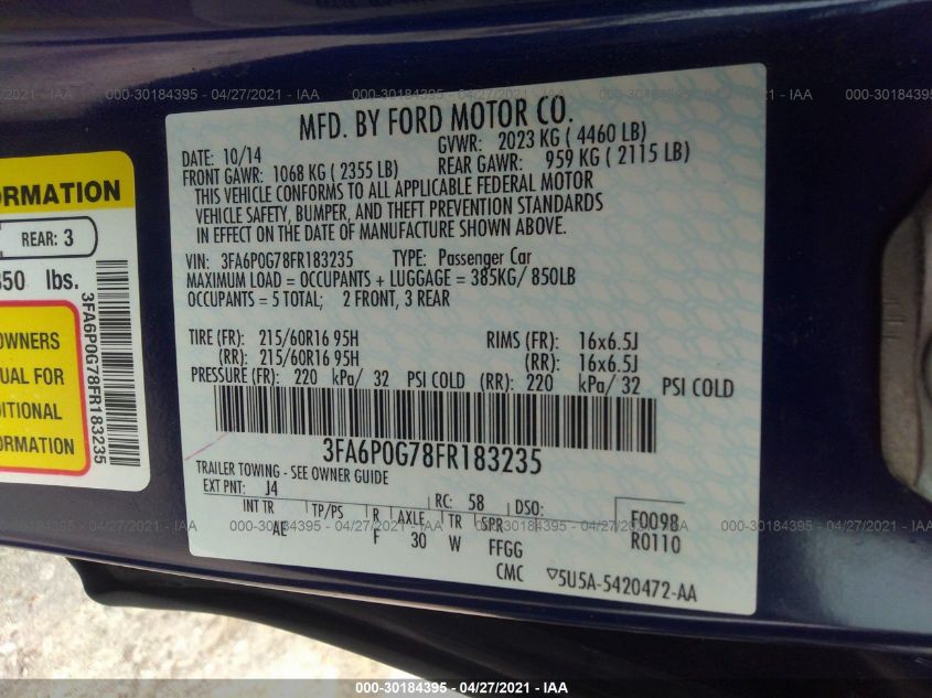 2015 FORD FUSION S 3FA6P0G78FR183235
