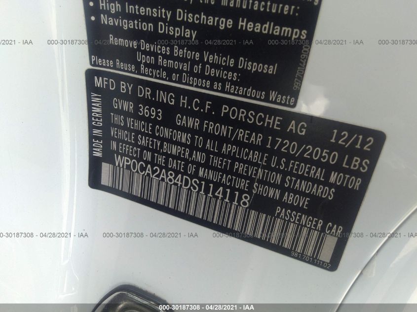 2013 PORSCHE BOXSTER WP0CA2A84DS114118