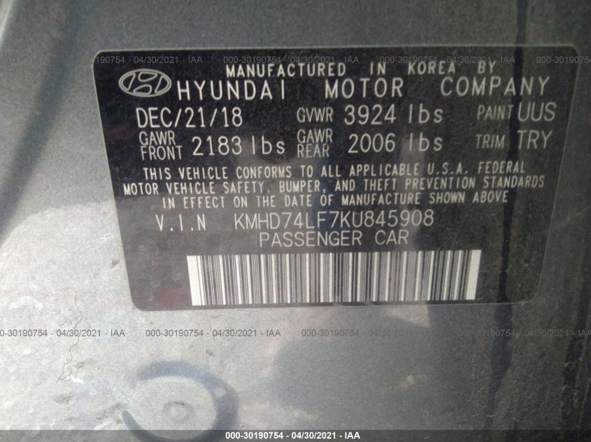 2019 HYUNDAI ELANTRA SE KMHD74LF7KU845908