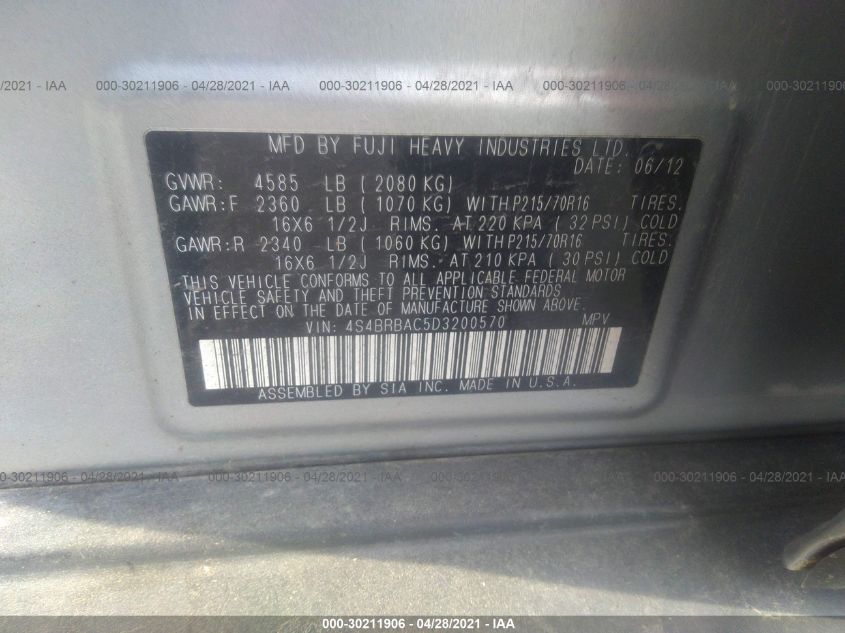 2013 SUBARU OUTBACK 2.5I 4S4BRBAC5D3200570