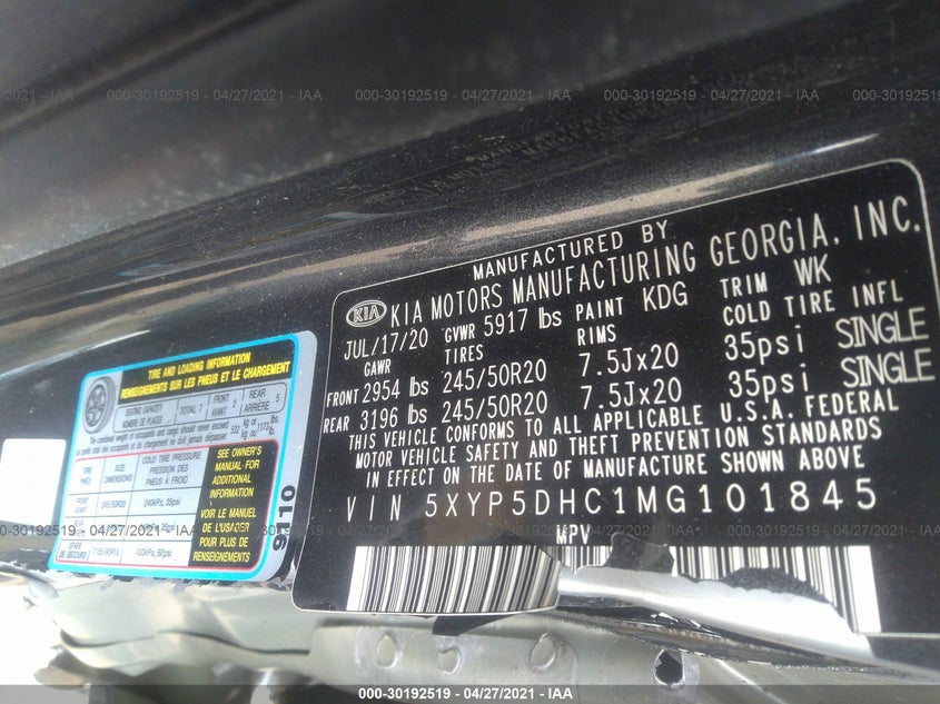 VIN 5XYP5DHC1MG101845 2021 KIA TELLURIDE SX