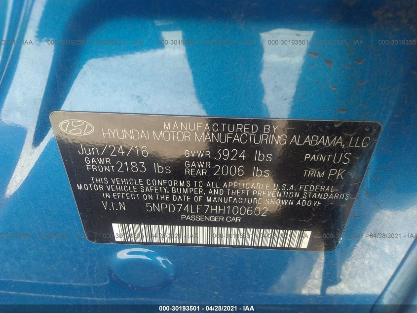 2017 HYUNDAI ELANTRA SE 5NPD74LF7HH100602