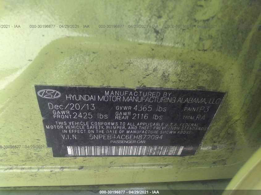 2014 HYUNDAI SONATA GLS 5NPEB4AC6EH872094