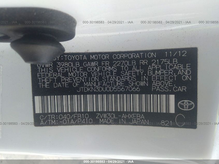 2013 TOYOTA PRIUS ONE/TWO/THREE/FOUR/FIVE JTDKN3DU0D5567066
