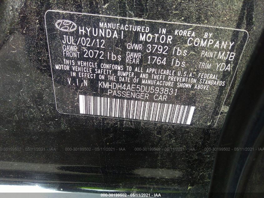 2013 HYUNDAI ELANTRA GLS KMHDH4AE5DU593831