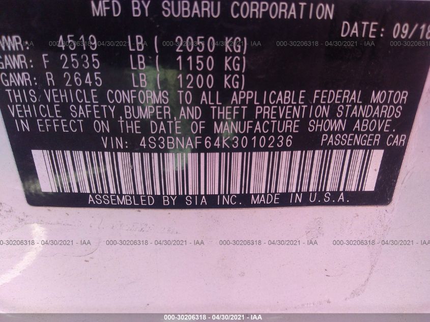 2019 SUBARU LEGACY PREMIUM 4S3BNAF64K3010236