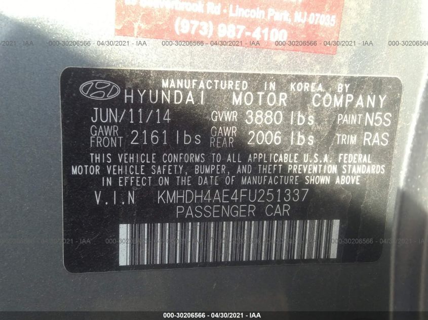 2015 HYUNDAI ELANTRA SE KMHDH4AE4FU251337