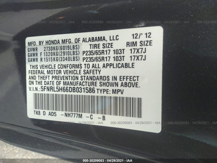 2013 HONDA ODYSSEY EX-L 5FNRL5H66DB031586