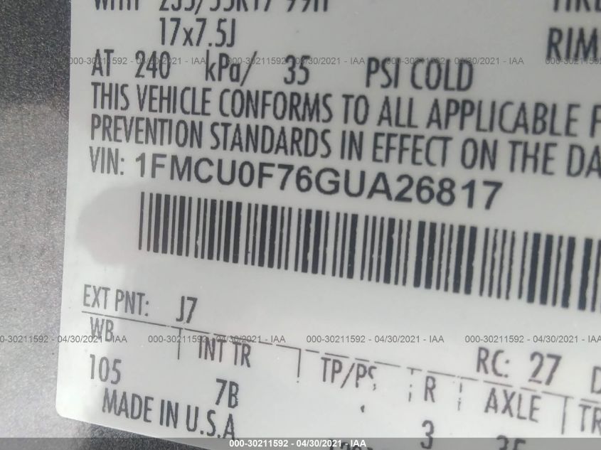 2016 FORD ESCAPE S 1FMCU0F76GUA26817