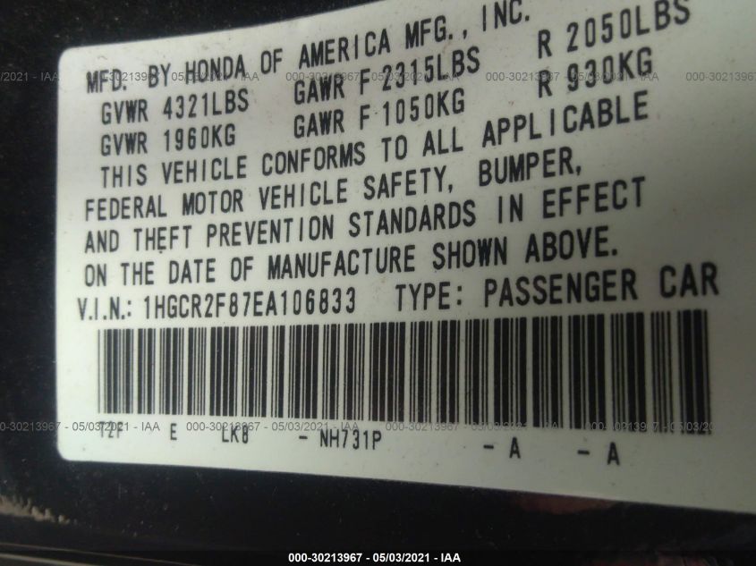 2014 HONDA ACCORD SEDAN EX-L 1HGCR2F87EA106833