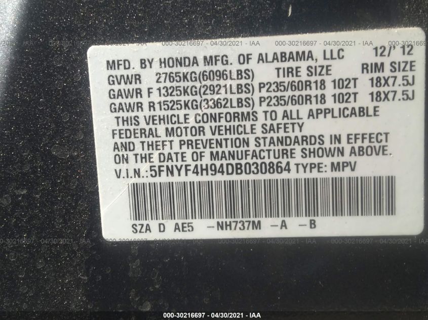 2013 HONDA PILOT TOURING 5FNYF4H94DB030864