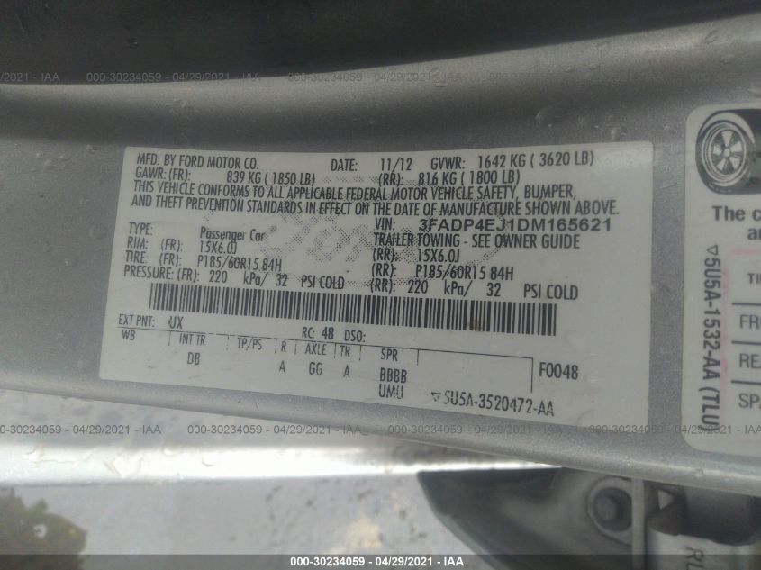 2013 FORD FIESTA SE 3FADP4EJ1DM165621
