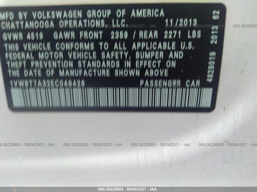 2014 VOLKSWAGEN PASSAT SE W/SUNROOF & NAV 1VWBT7A32EC048426