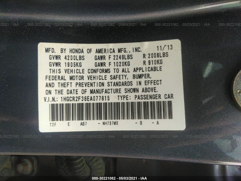 2014 HONDA ACCORD SEDAN LX 1HGCR2F36EA077815