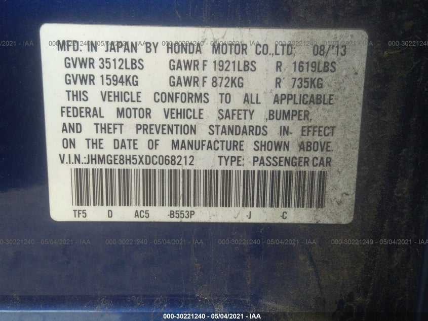 2013 HONDA FIT VIN: JHMGE8H5XDC068212