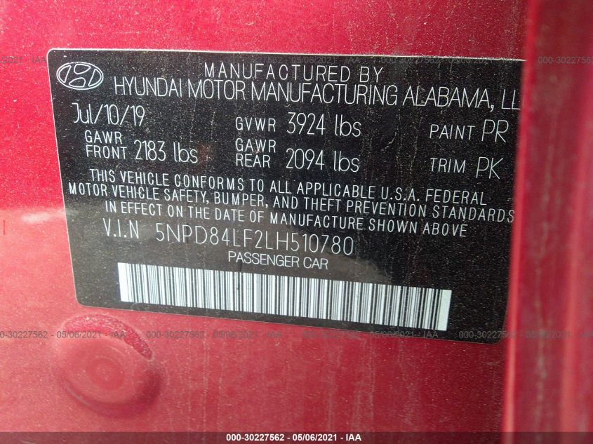 2020 HYUNDAI ELANTRA SEL 5NPD84LF2LH510780