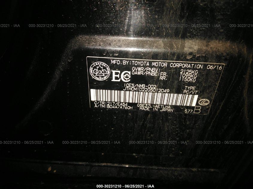 2016 LEXUS IS 300 JTHCM1D22G5012049