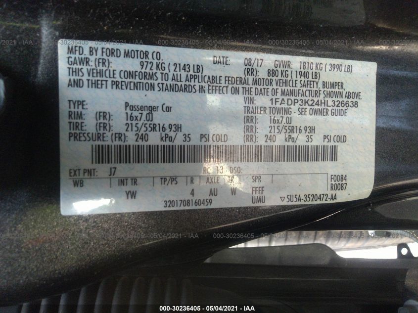 2017 FORD FOCUS SE 1FADP3K24HL326638
