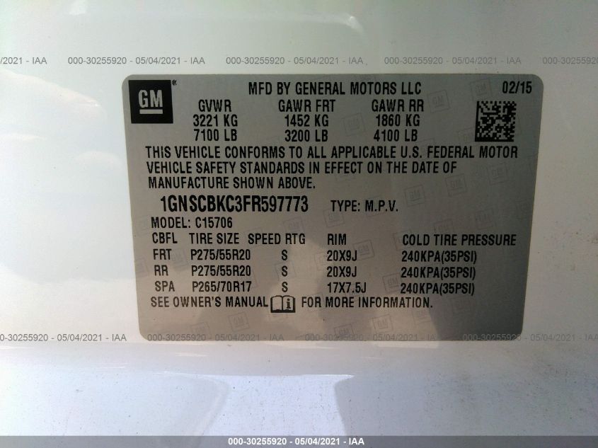2015 CHEVROLET TAHOE LT 1GNSCBKC3FR597773