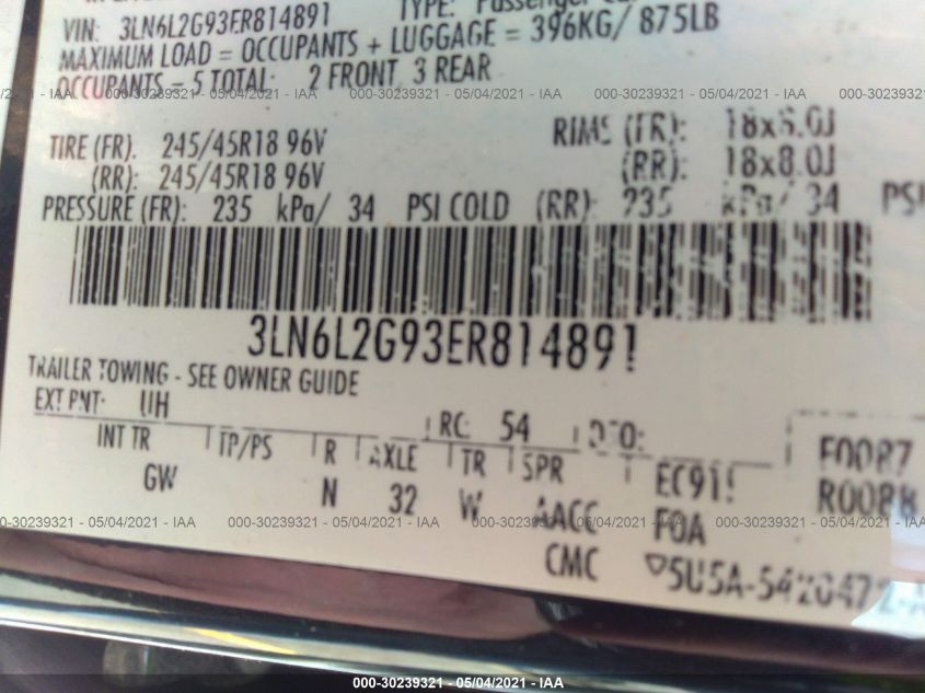 2014 LINCOLN MKZ 3LN6L2G93ER814891