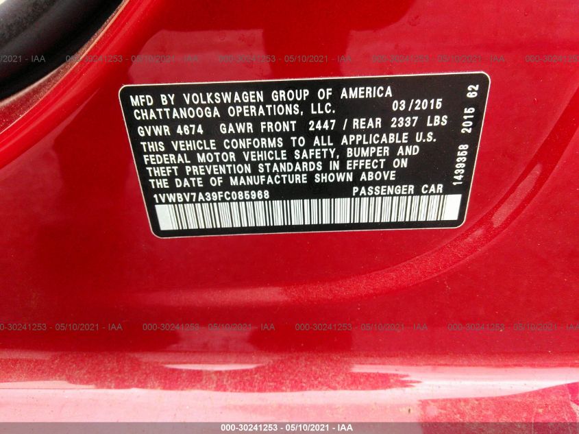 2015 VOLKSWAGEN PASSAT 2.0L TDI SE 1VWBV7A39FC085968