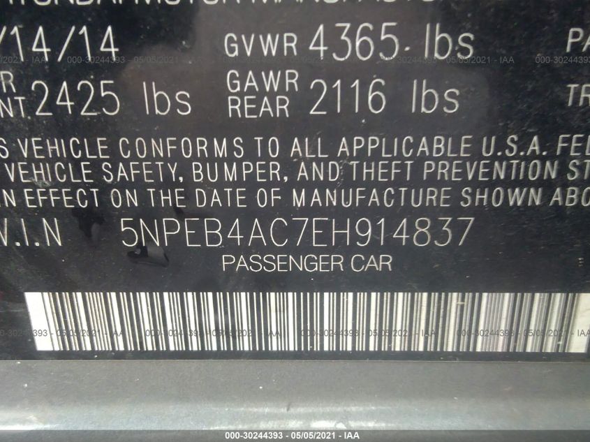 2014 HYUNDAI SONATA GLS 5NPEB4AC7EH914837