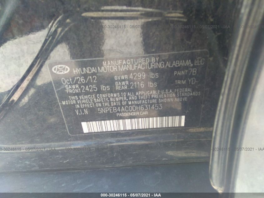 2013 HYUNDAI SONATA GLS PZEV 5NPEB4AC0DH631453