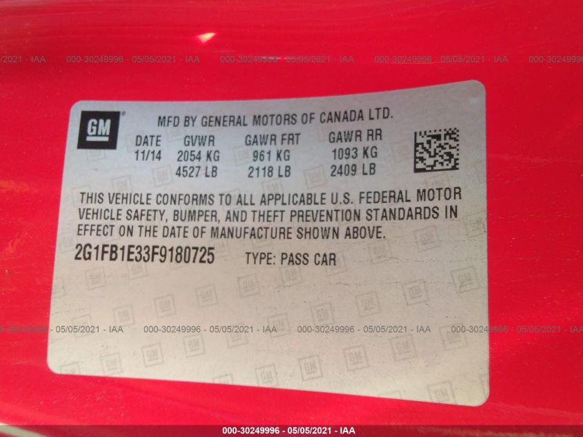 2015 CHEVROLET CAMARO LS 2G1FB1E33F9180725