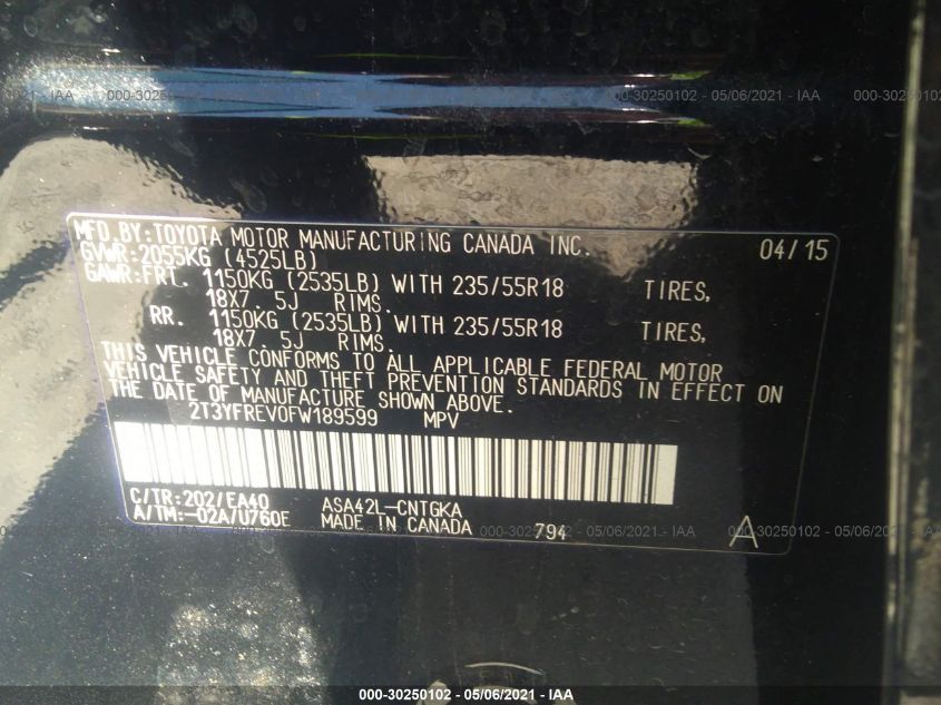 2015 TOYOTA RAV4 LIMITED 2T3YFREV0FW189599