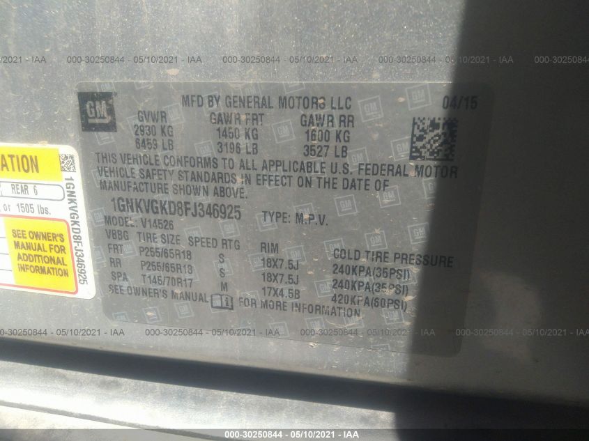 2015 CHEVROLET TRAVERSE LT 1GNKVGKD8FJ346925