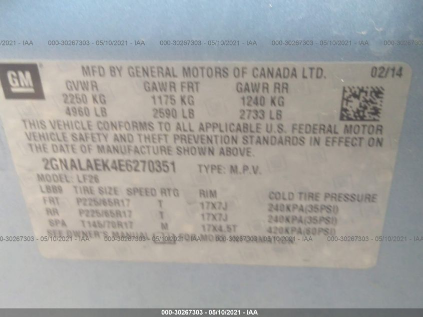 2014 CHEVROLET EQUINOX LS 2GNALAEK4E6270351