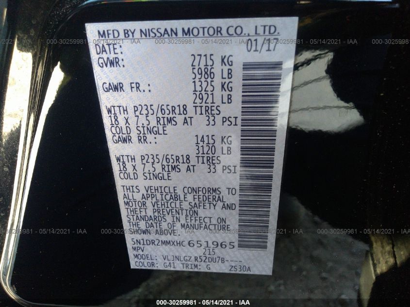 2017 NISSAN PATHFINDER SL 5N1DR2MMXHC651965