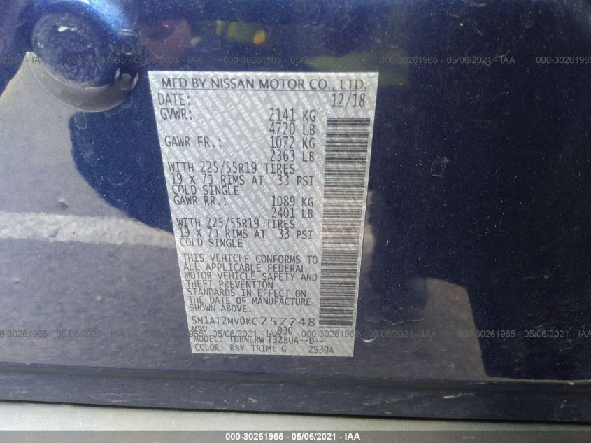 2019 NISSAN ROGUE SL 5N1AT2MV0KC757748