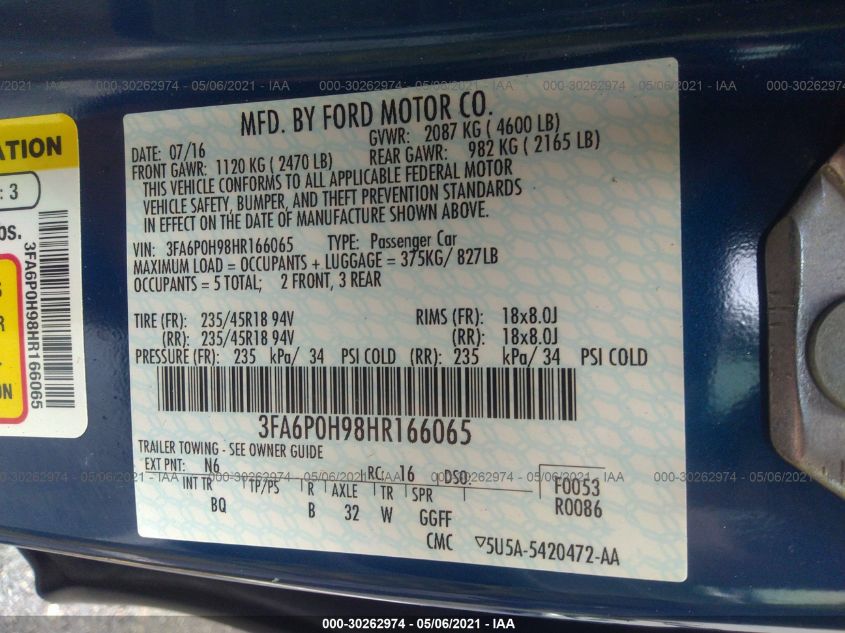 2017 FORD FUSION SE 3FA6P0H98HR166065