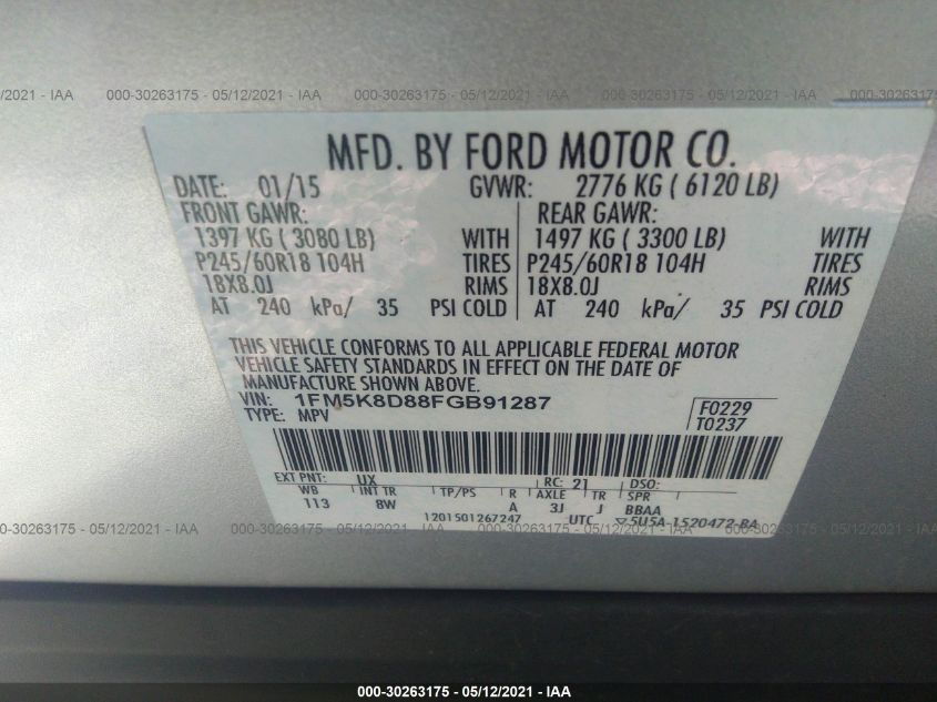 2015 FORD EXPLORER XLT 1FM5K8D88FGB91287