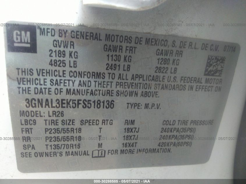 2015 CHEVROLET CAPTIVA SPORT FLEET LT 3GNAL3EK5FS518136