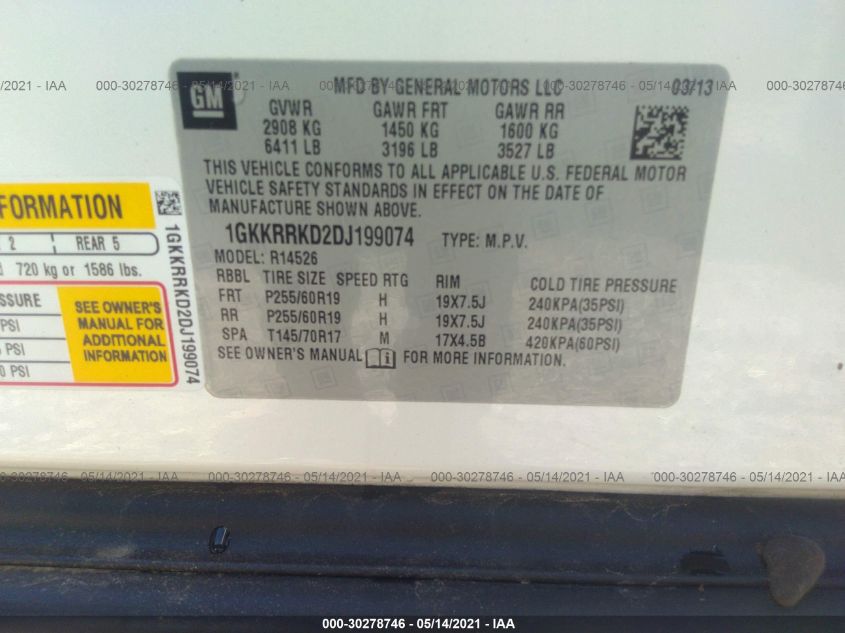 2013 GMC ACADIA SLT 1GKKRRKD2DJ199074