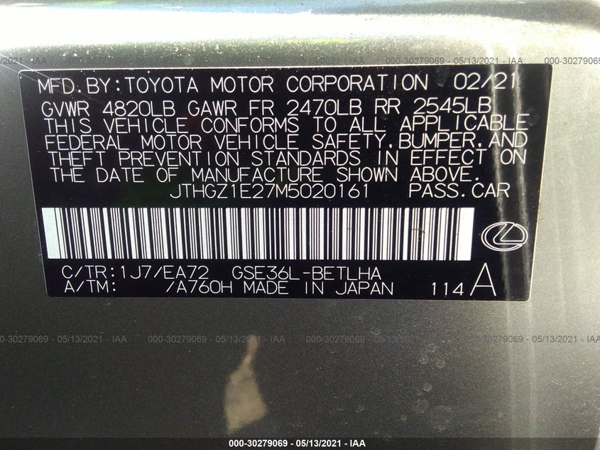Auction sale of the 2021 LEXUS IS , vin: JTHGZ1E27M5020161, lot number: 30279069