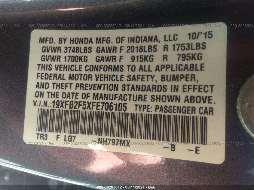 2015 HONDA CIVIC SEDAN LX 19XFB2F5XFE706105