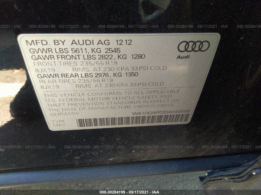 2013 AUDI Q5 PREMIUM PLUS WA1DGAFP2DA048598